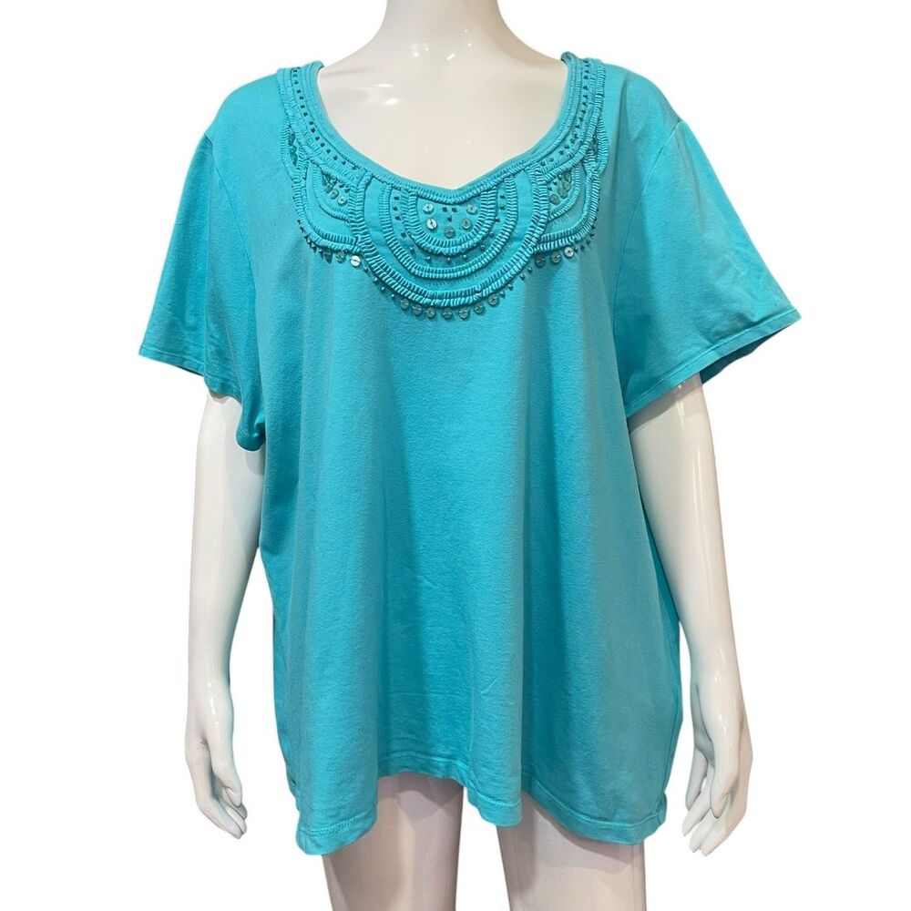 Ruby Rd. Blue Bead Embellished Top Size 3x Shirt Sleeve Blouse Shirt Cotton